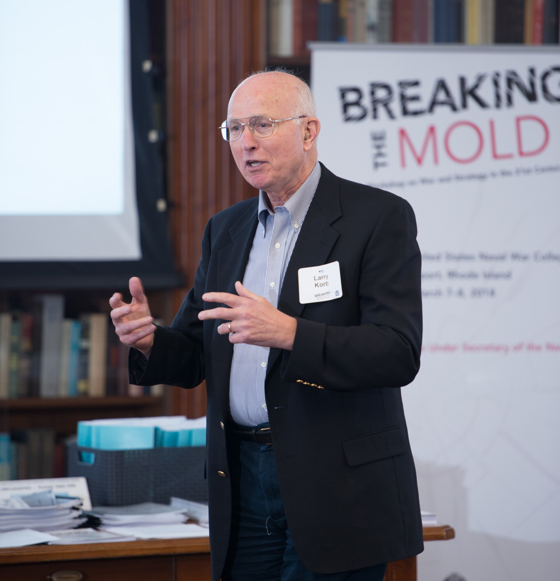 180308-N-FC129-106 Newport, R.I. (March 8, 2018) Dr. Lawrence Korb, Sr., Senior Fellow, Center for American Progress addresses attendees of "Breaking the Mold; A Workshop on War and Strategy in the 21st Century" held in Newport, Rhode Island. The purpose for the two-day workshop, sponsored by the Under Secretary of the Navy, is to engage top minds within the U.S. Navy and private sector academic and business partners on ways to address future scenarios U.S. Military forces may face based upon current and emerging technology and new concepts in maritime and conventional warfare. The workshop will focus leaders to engage on a myriad of concepts and scenarios meant to push conversation, dialog, and analysis of ideas and thoughts outside conventional molds in an effort to stretch and expand strategic and operational mindsets. (U.S. Navy photo by Edwin L. Wriston/Released)